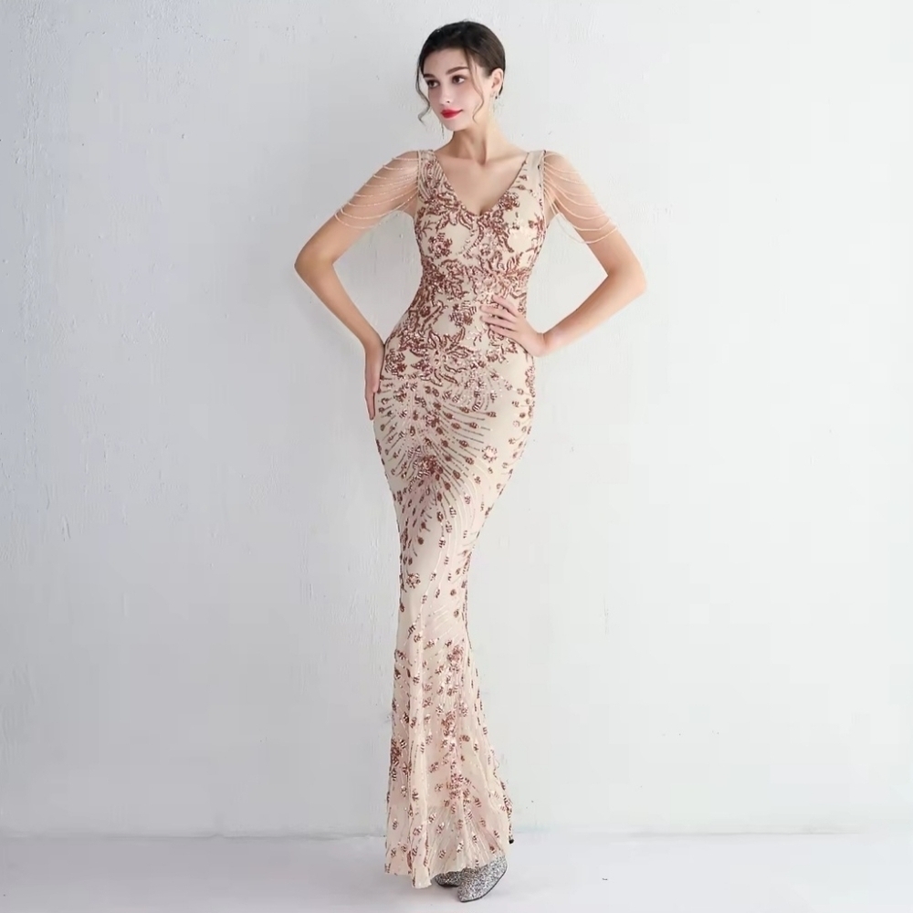 Gold, Floral Print,  V Neck,  Beaded Draped Sleeves,  Contrast Sequined Gown